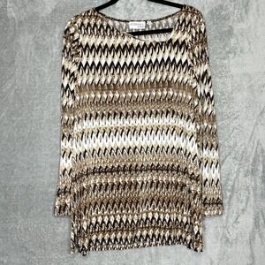 Attitudes By Renee Medium Shirt Top Brown Abstract Long Sleeve Asymmetrical Neck